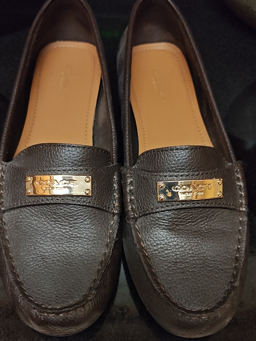 Coach Men’s Dark Brown Leather Slip-On Loafers with Gold Plaque